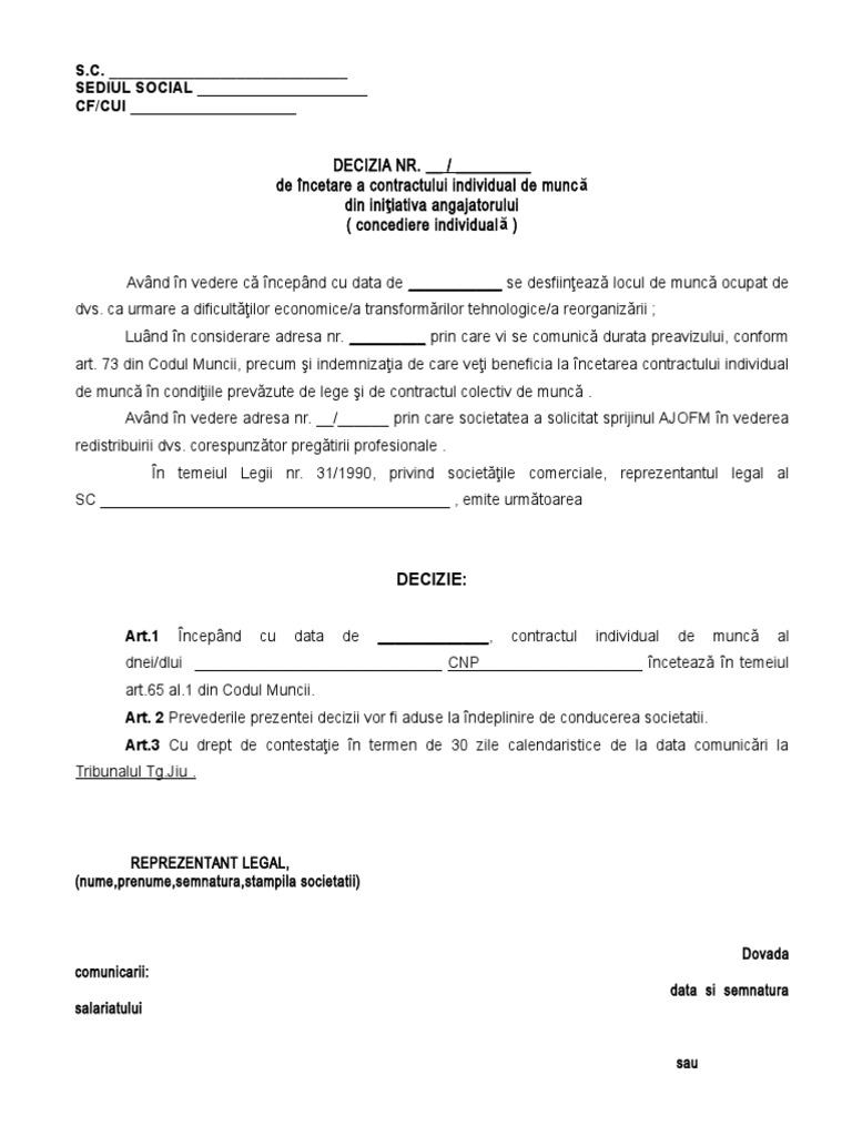 Model Incetare Cim Somaj Art 65 Alin 1 Doc