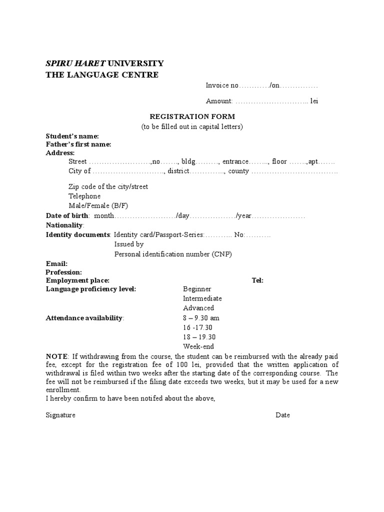 Spiru Haret University Language Course Registration | PDF
