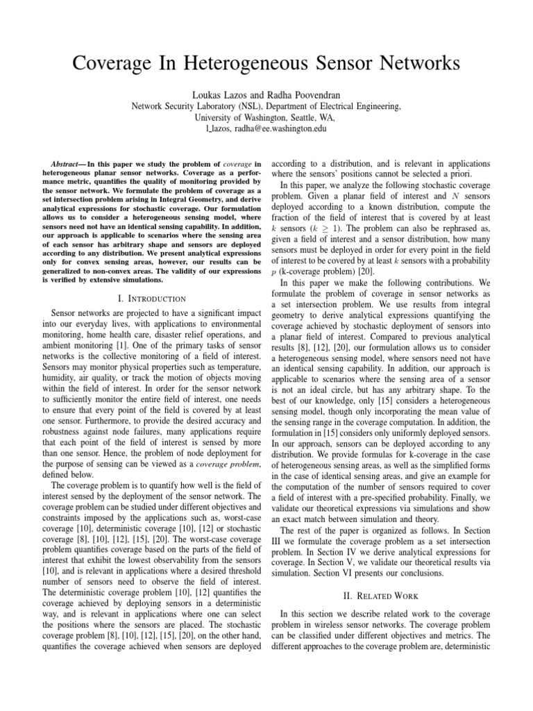 Coverage in Heterogeneous Sensor Networks: Loukas Lazos and Radha ...