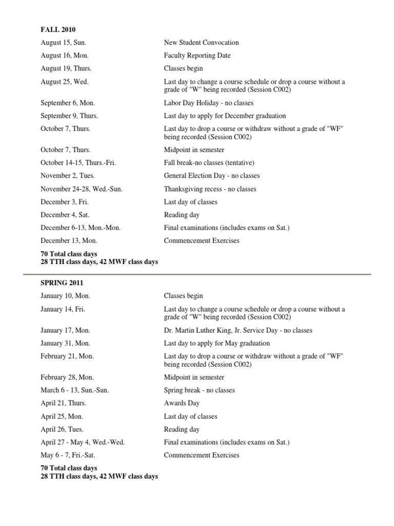 USC Academic Calendar 2010 2011 PDF Academic Term Educational