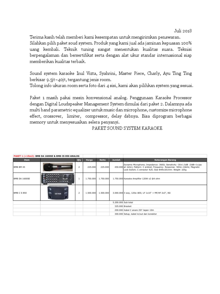 Paket Sound System Karaoke Terbaik | PDF