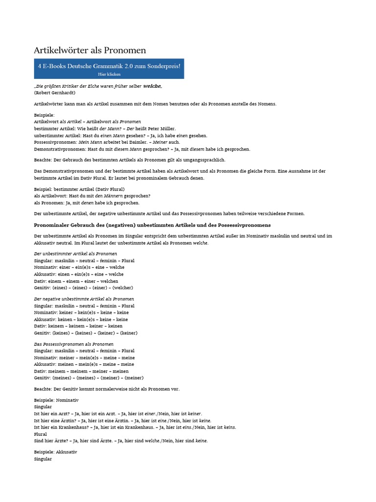 Artikelworter Als Pronomen Deutsche Grammatik 2 Pdf