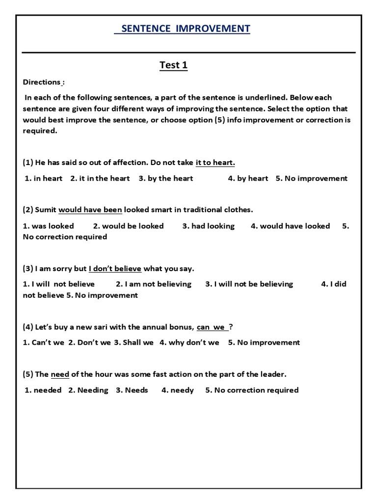 Sentence Improvement | PDF | Grammatical Number | Test (Assessment)