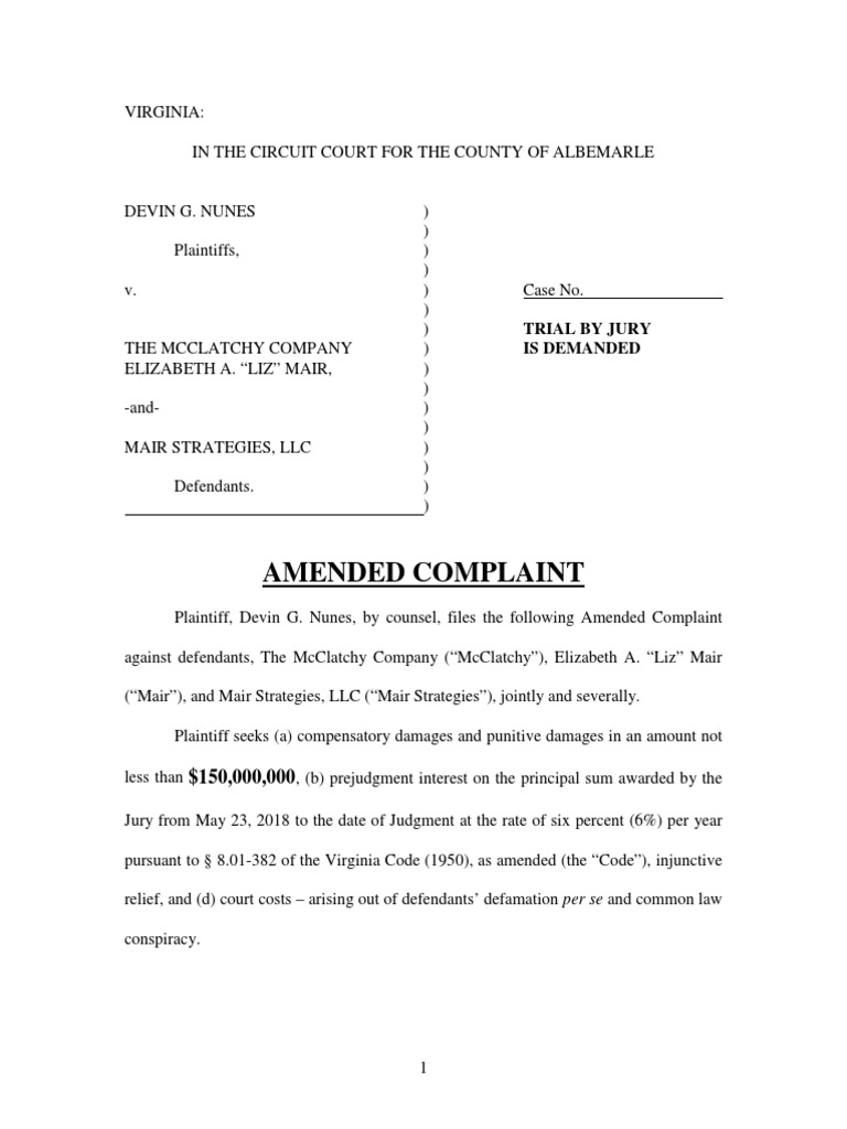 Nunes vs. McClatchy Defamation Case | PDF | Virginia Circuit Court ...