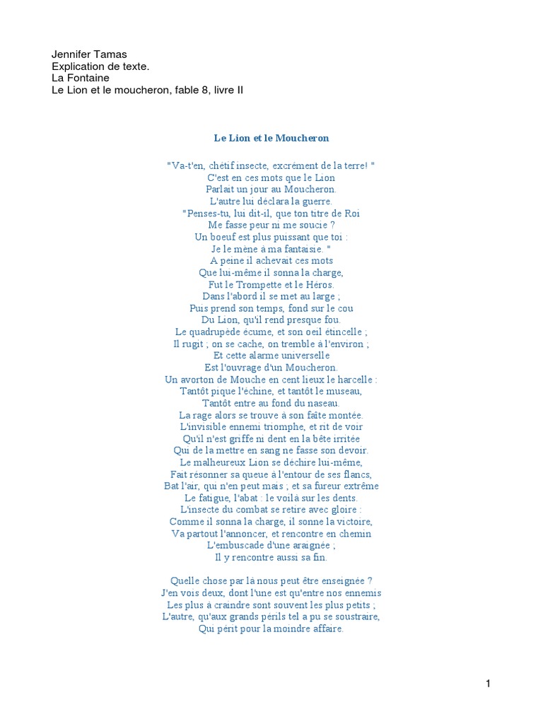 Le Lion Et Le Moucheron Brevet Le Lion Et Le Moucheron Explication | PDF | Fable | Lion