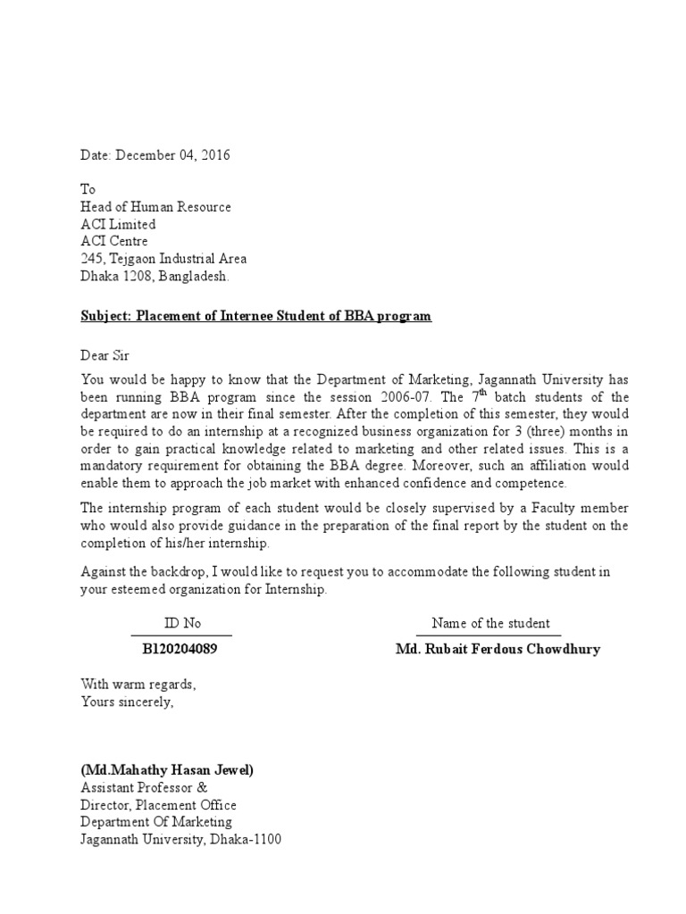 Internship Placement Request for BBA Student | PDF