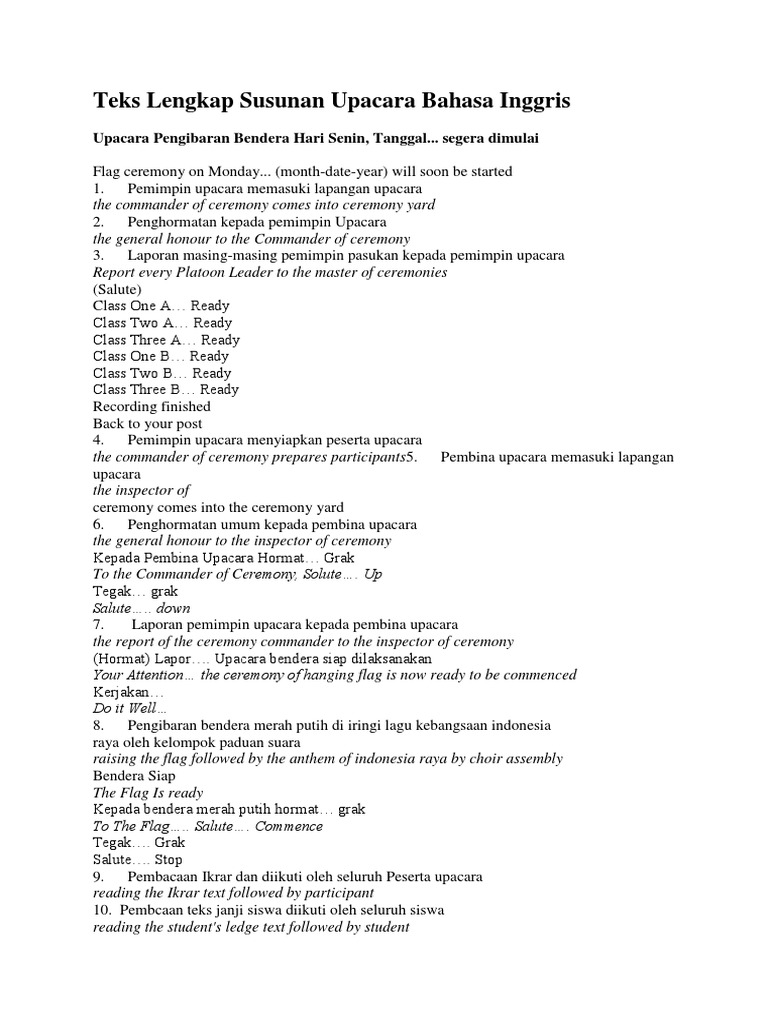 Teks Lengkap Susunan Upacara Bahasa Inggris: Upacara Pengibaran Bendera