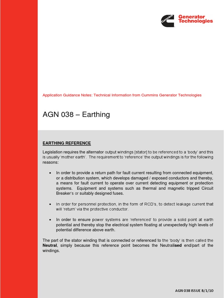 AGN 038 Earthing Application Guidance Notes Technical Information From Cummins Generator
