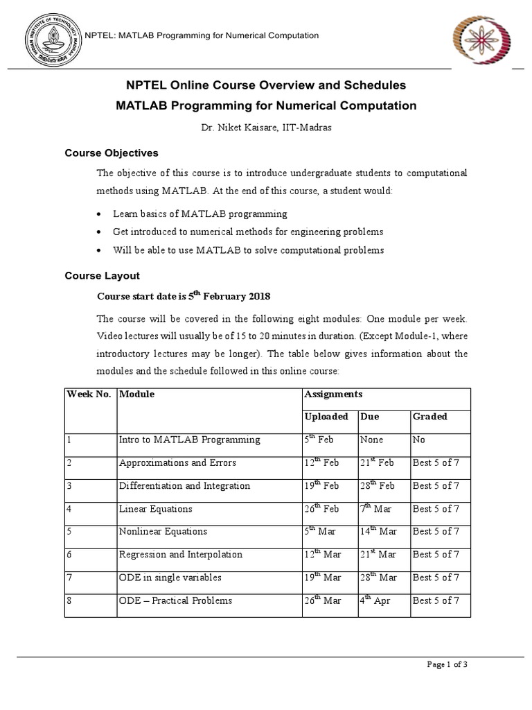Nptel online course overview and schedules matlab programming for
