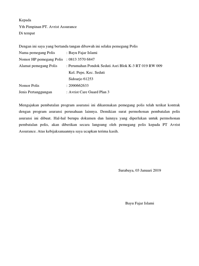 2090662633 Surat Permohonan Pembatalan Polis Avrist