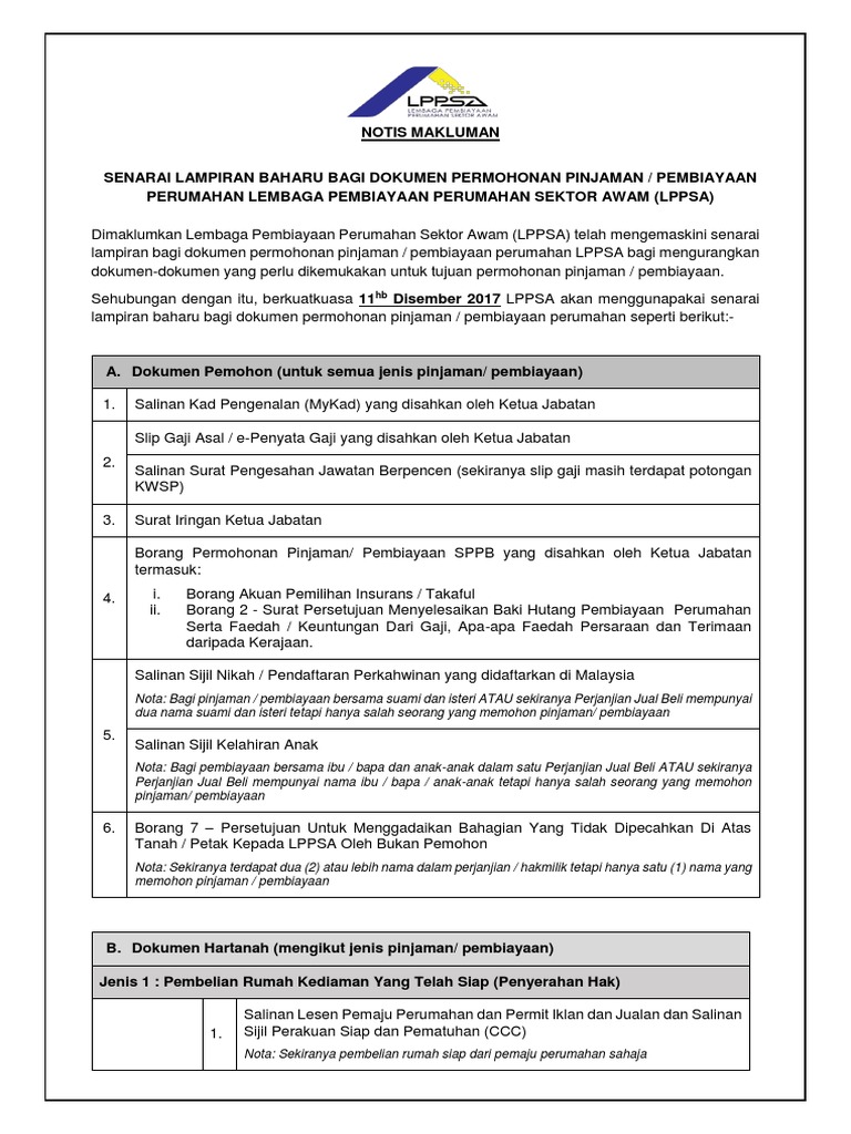 Hebahan Senarai Lampiran Baharu Dokumen Permohonan Pembiayaan Lppsa Pdf