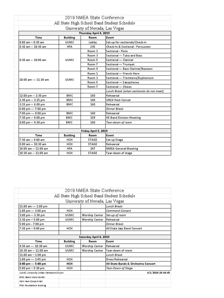 2019 NMEA State Conference All State High School Band Student Schedule