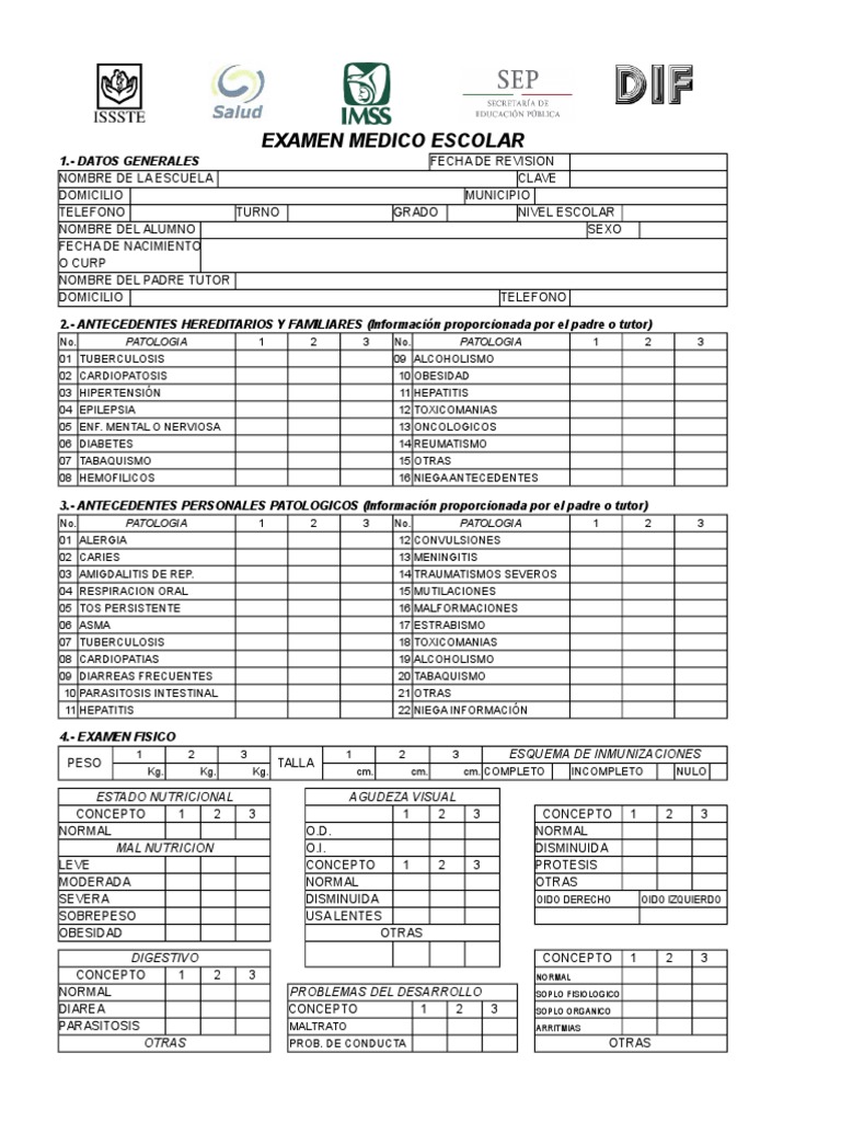 Examen Medico Escolar: 1.-Datos Generales | PDF | Salud pública