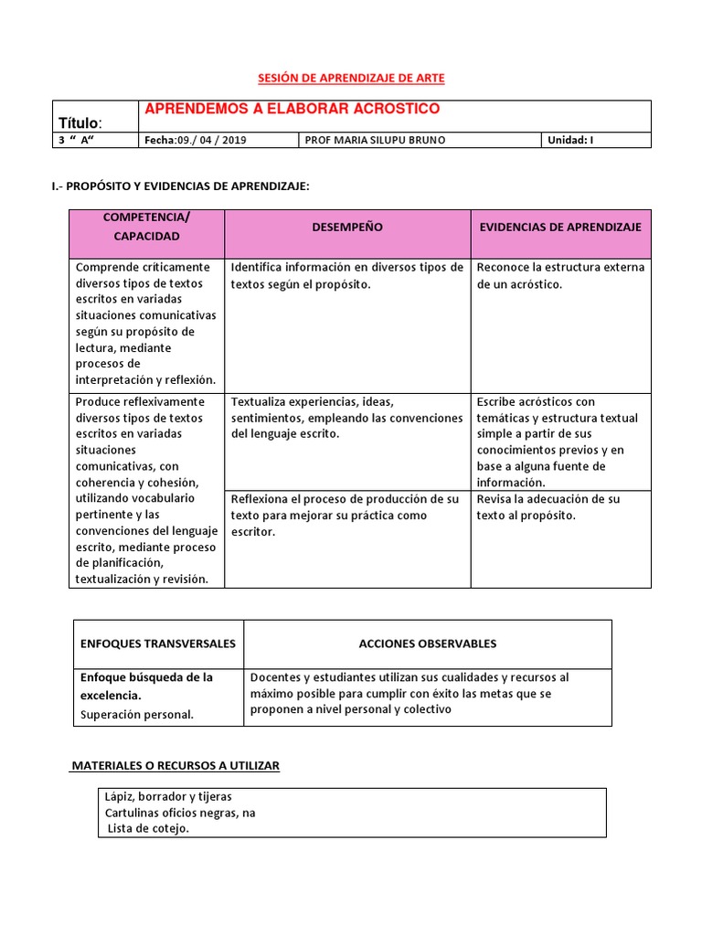 Aprendemos A Elaborar Acrostico Titulo Aprendizaje Comunicacion