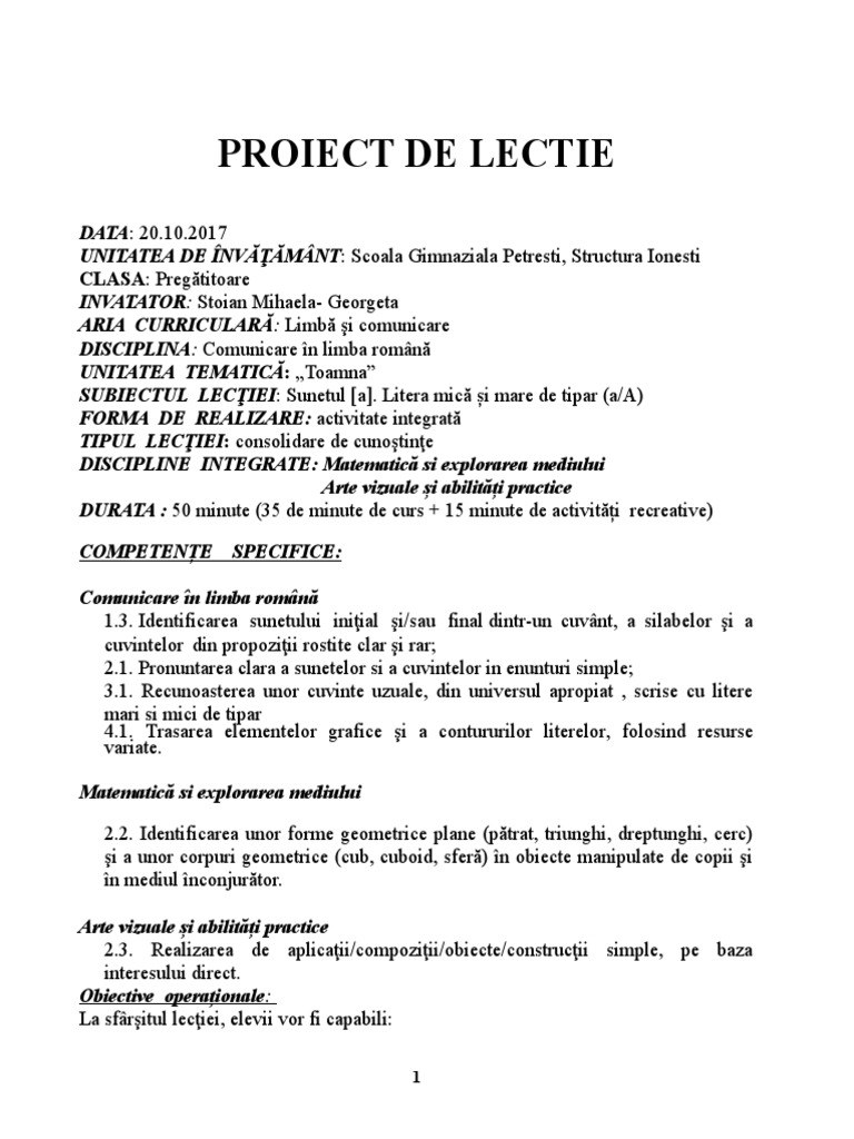Proiect De Lectie Clr Sunetul Si Litera T