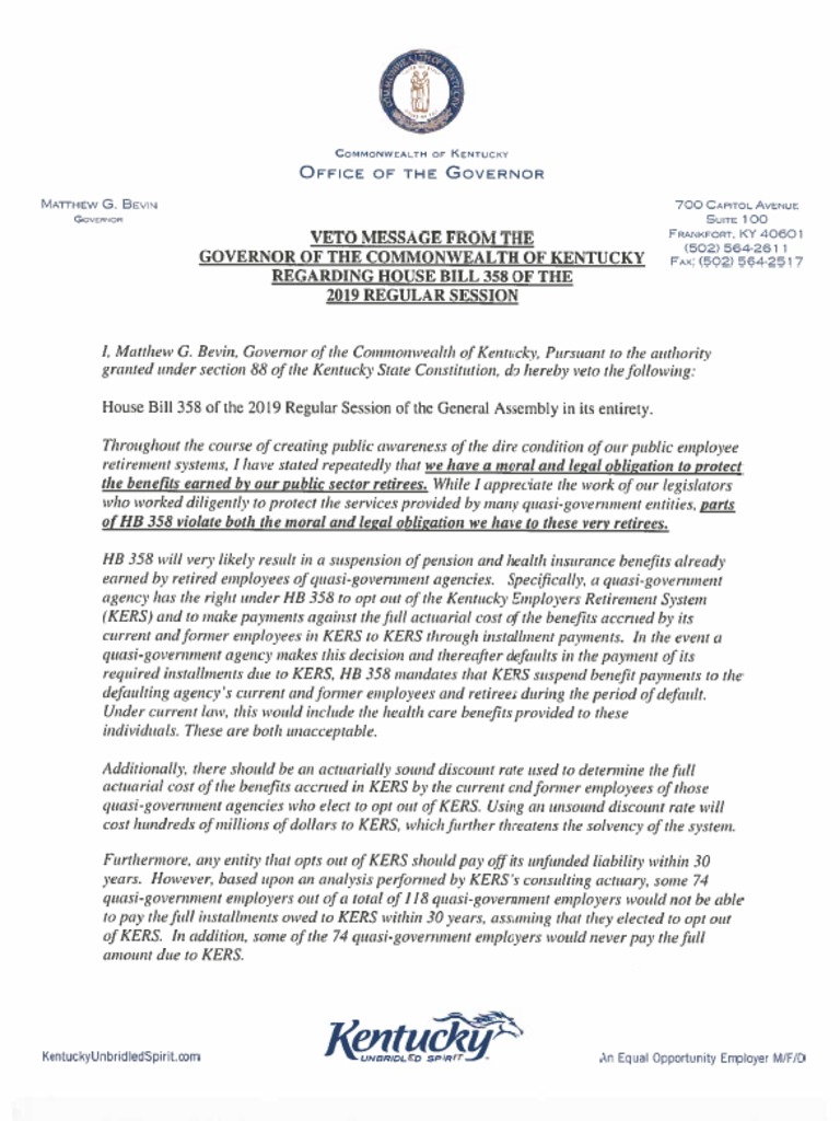 Bevin HB 358 Veto Letter | PDF