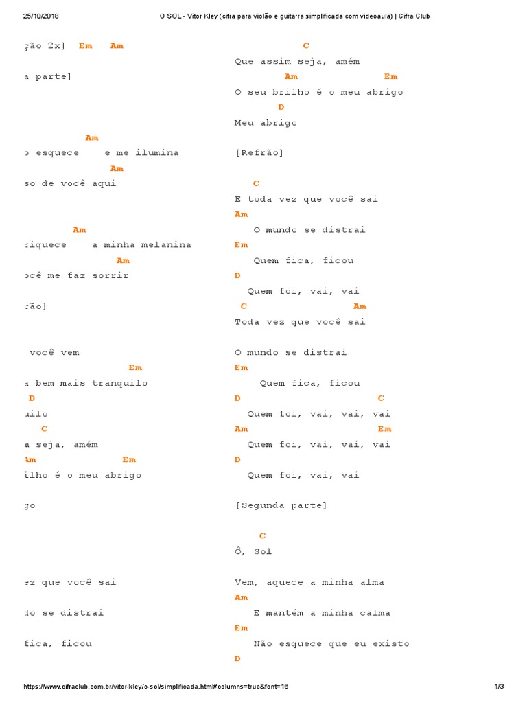 O SOL - Vitor Kley (Cifra Para Violão e Guitarra Simplificada Com