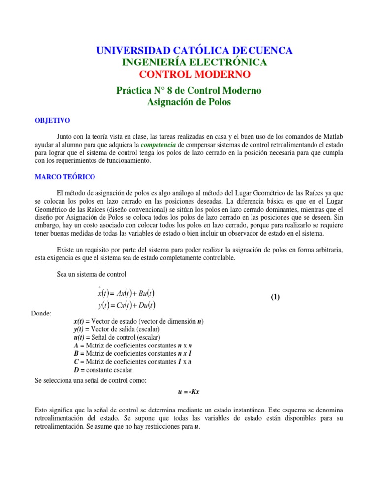 Practica - Asignacion de Polos | | Sistema de control | Matriz (Matemáticas)