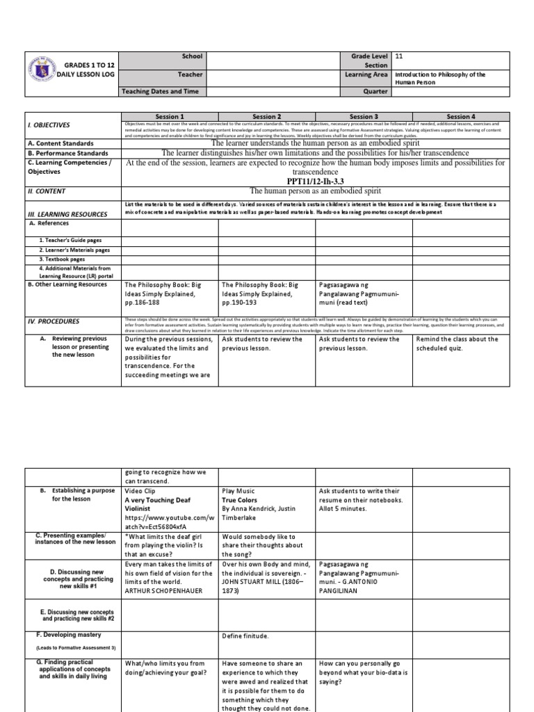 Weekly Lesson Plan for Philosophy Class | PDF | Learning | Behavior ...