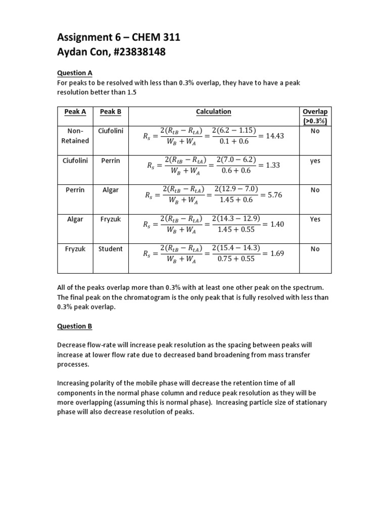 Assignment 6 - CHEM 311 Aydan Con, #23838148: Question A | PDF ...