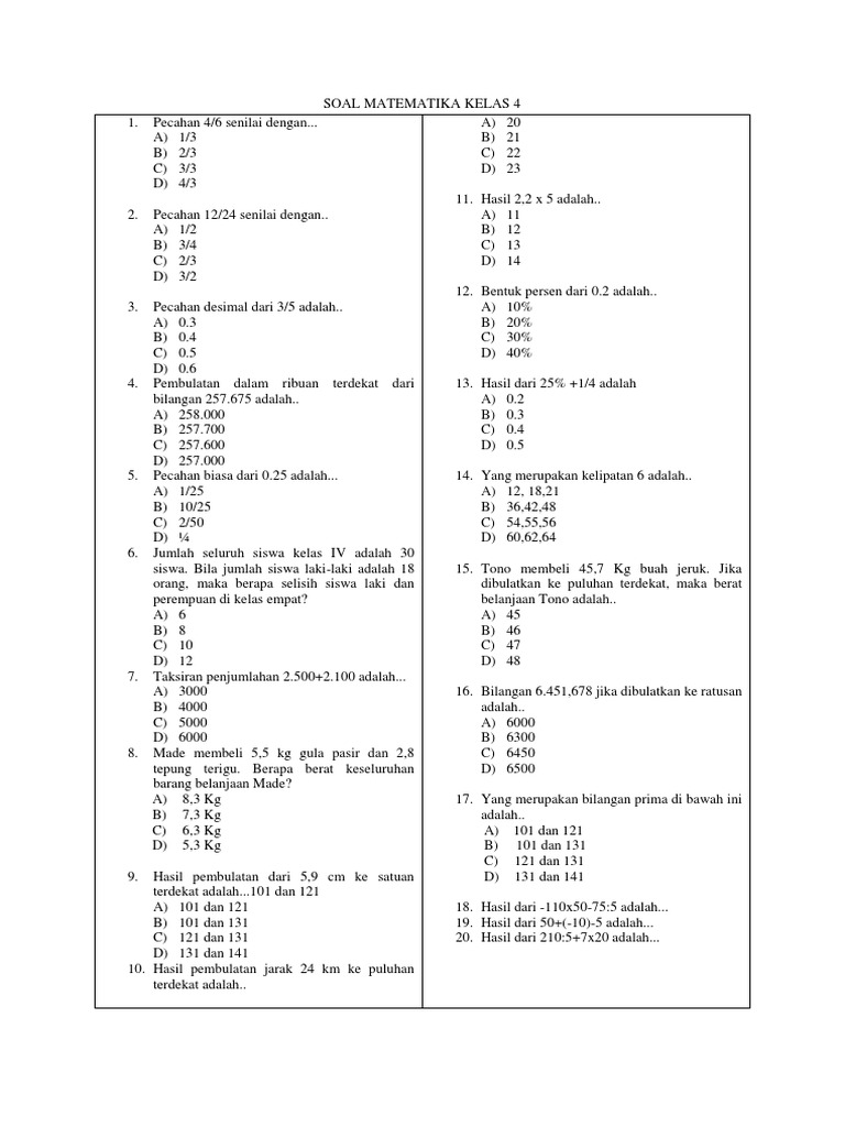 Soal Matematika Kelas 4 Semester 2 | PDF | Metode & Bahan Ajar