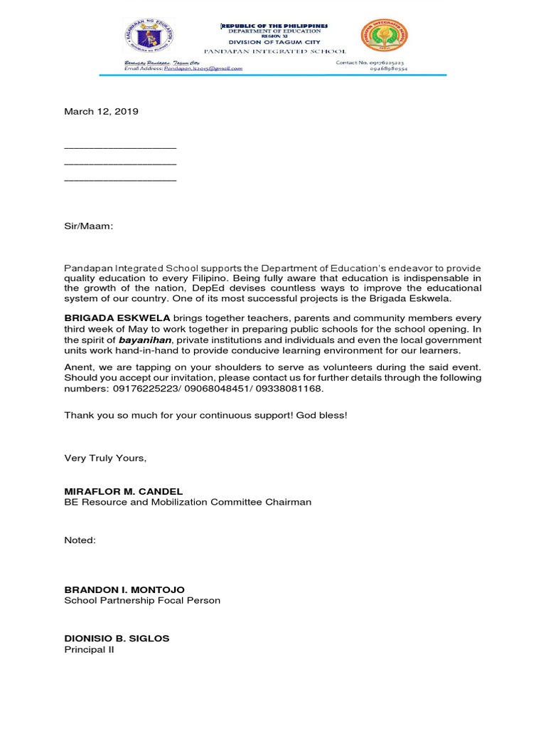 Volunteer Invitation for Brigada Eskwela | PDF | Education Theory ...