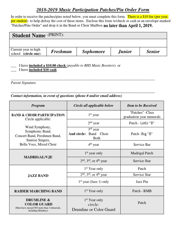 Music Participation Patch Order Form | PDF | Performing Arts | Leisure