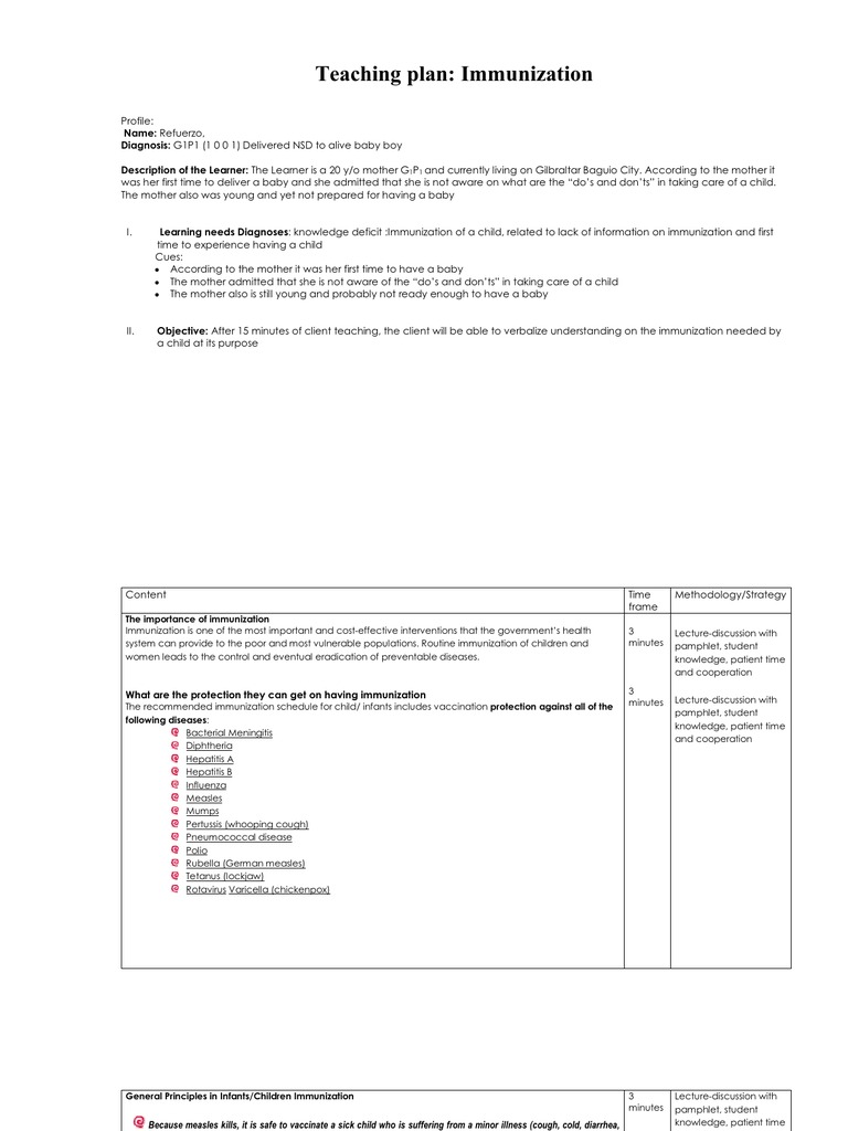 Teaching Plan Immunization NEW FORMAT | PDF | Vaccines | Rtt