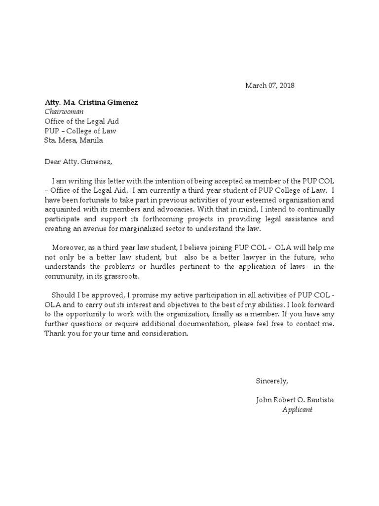 PUP OLA Membership Application Letter | PDF