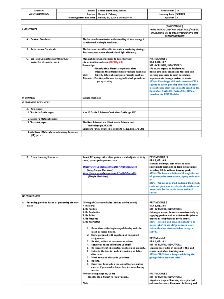 Cot Dlp Science 6 Simple Machines With Annotations Teachers
