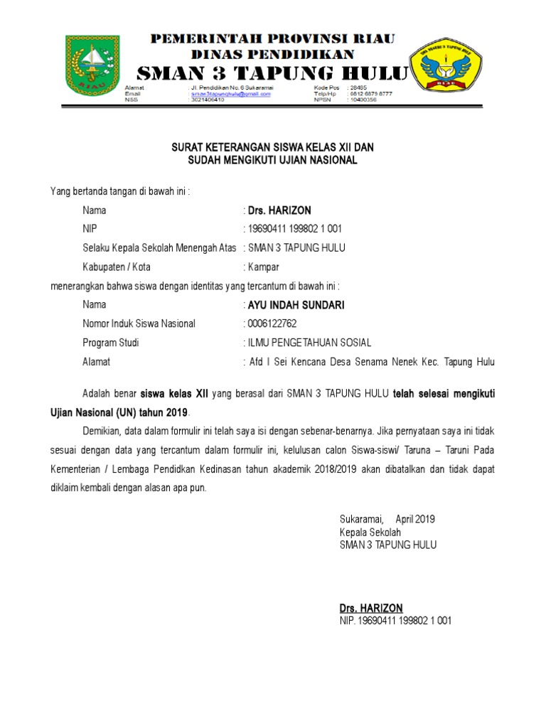 Surat Keterangan Duduk Di Kelas Xii