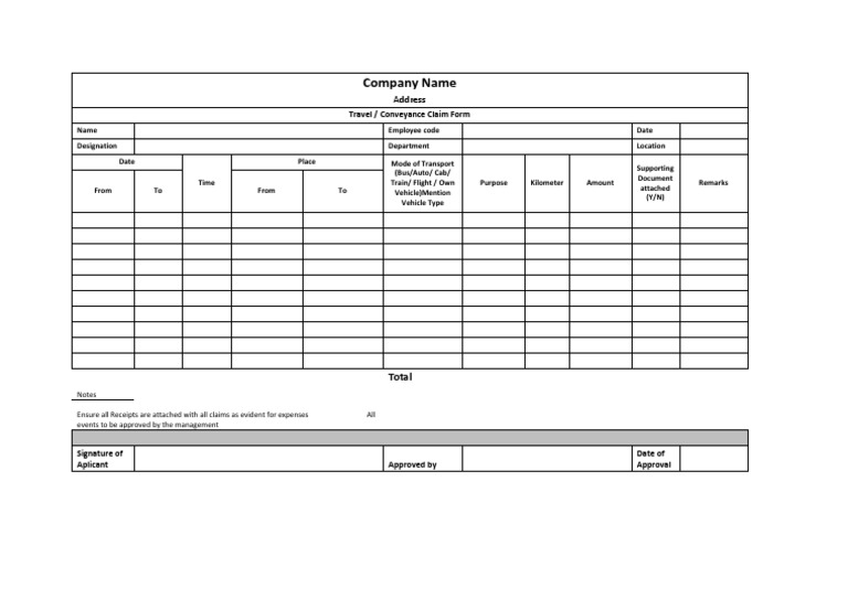 Company Name Travel / Conveyance Claim Form PDF