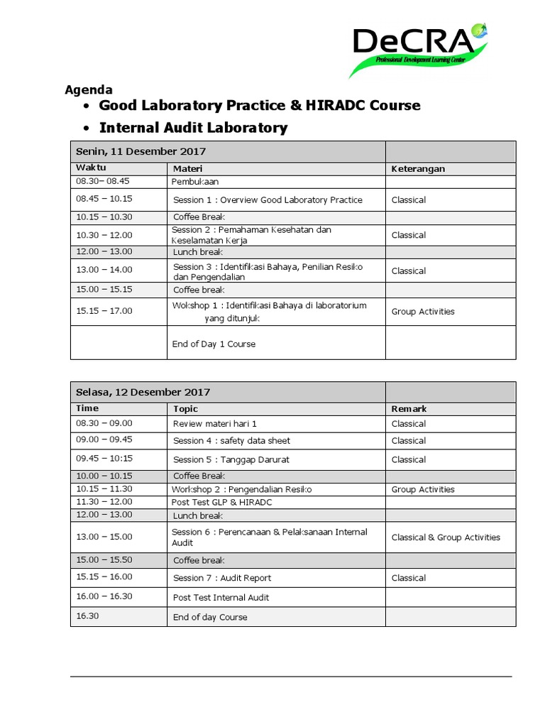 GLP & Internal Audit Course Agenda | PDF | Career & Growth | Wellness