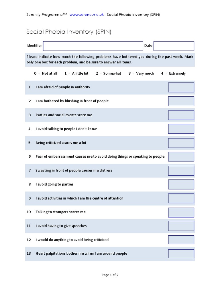 Spin Socialphobia Investator PDF | PDF | Social Anxiety Disorder ...