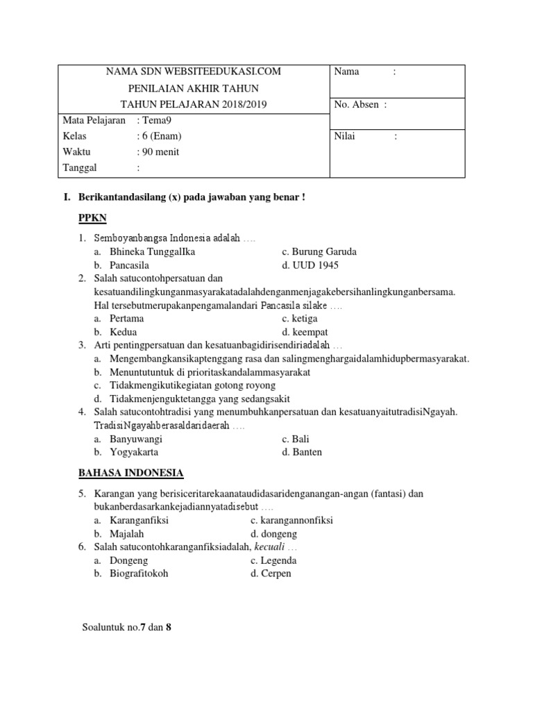 Soal Pat Kelas 6 Tema 9