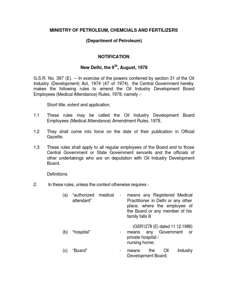 Oil Industry Development Board Employees (Medical Attendance) Rules