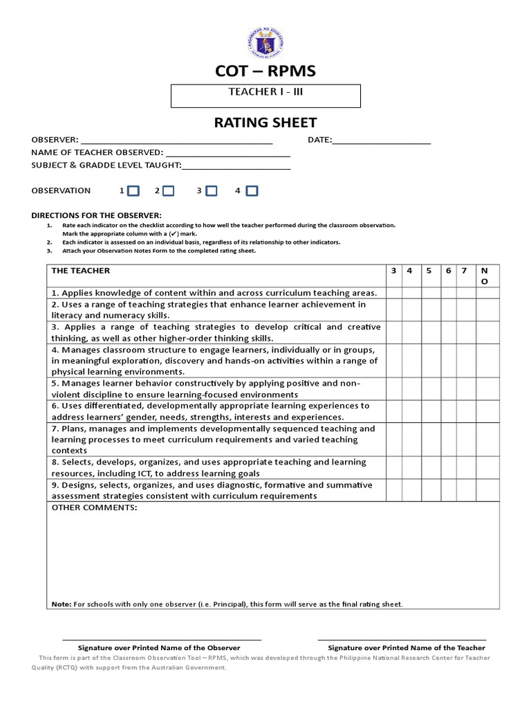 Cot Rpms Rating Sheet Observation Notes Form And Inter Observer Agreement Form Docx Curriculum Learning
