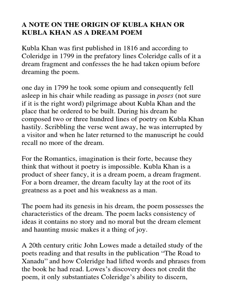 Kubla Khan Notes PDF Poems Writing
