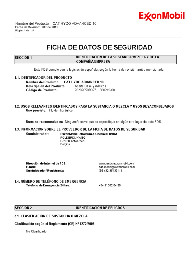 Ficha de Seguridad: CAT HYDO ADVANCED 10 | PDF | Residuos | Guante