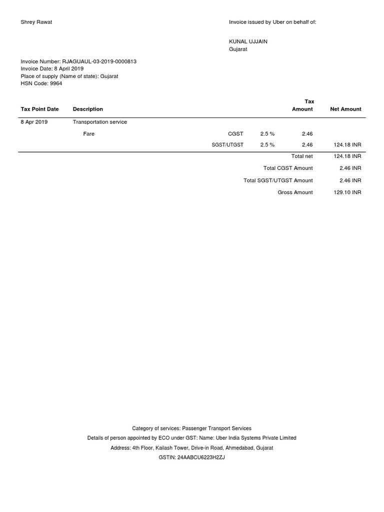 Uber Passenger Transport Invoice Details | PDF