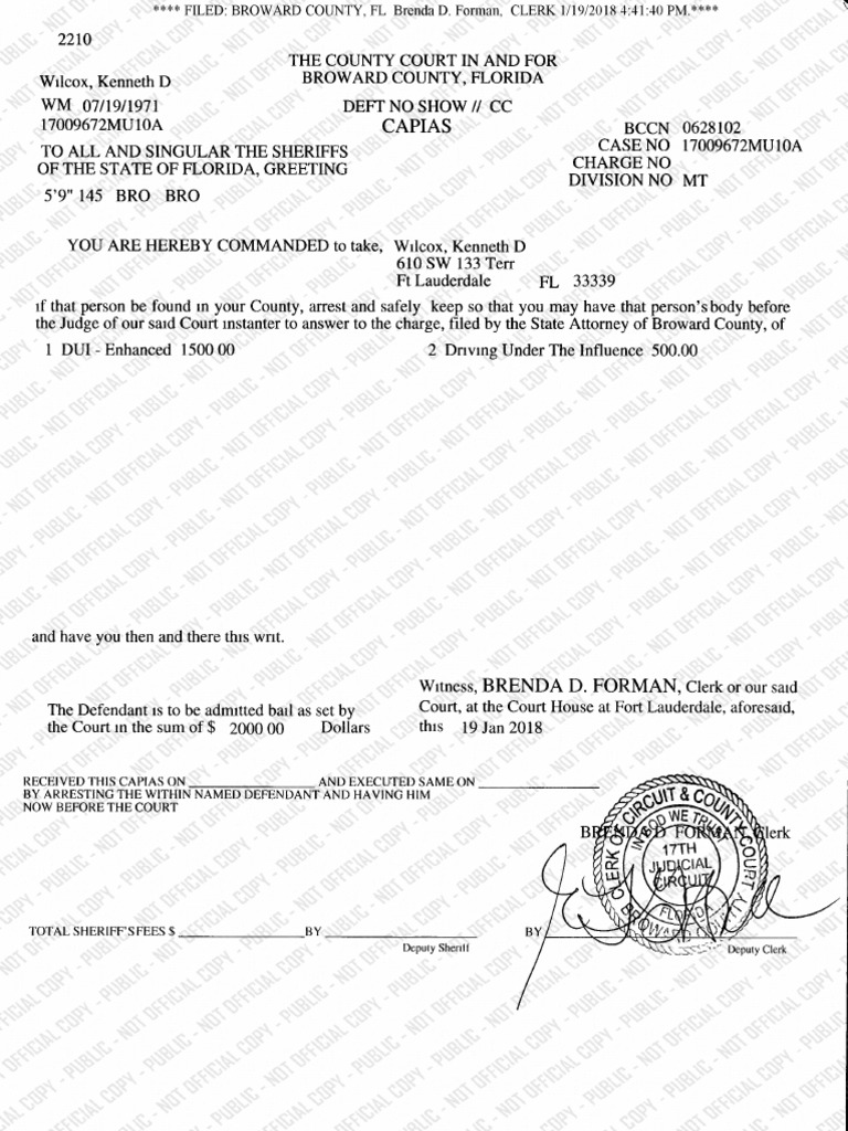 Florida Warrant For Arrest of Drew Wilcox Aka Drew Carrington PDF