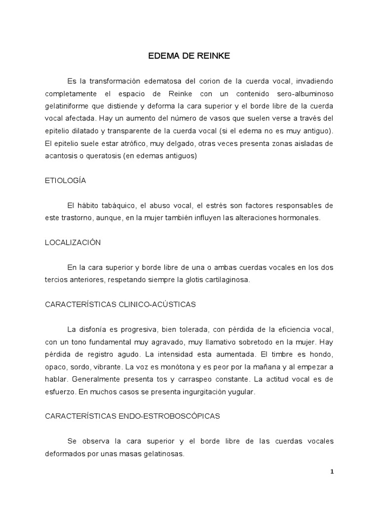 Edema de Reinke PDF Medicina CLINICA Enfermedades y trastornos