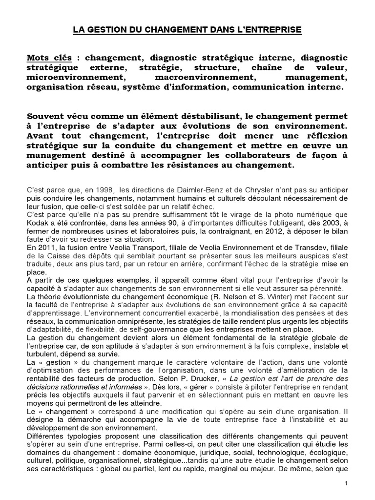 Gestion du Changement en Entreprise | PDF | Gestion des ressources ...