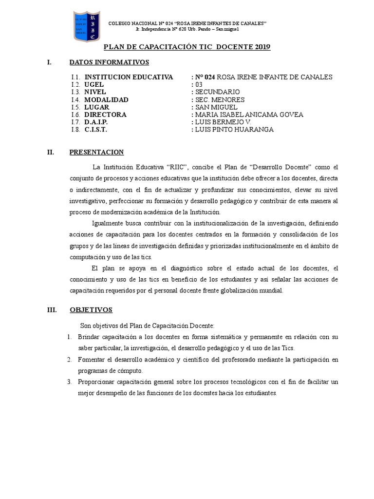 Plan de Capacitacion Docente 2019 | PDF | Maestros | Tecnología de ...
