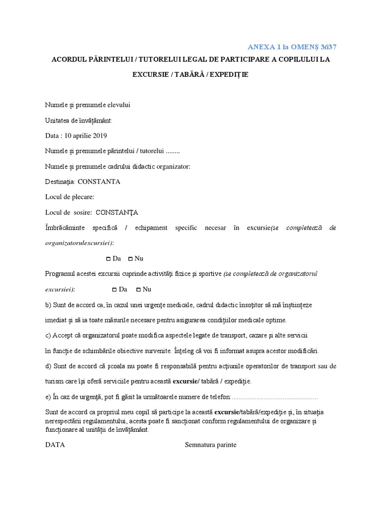 Acord Parinte Excursie Scoala Altfel | PDF