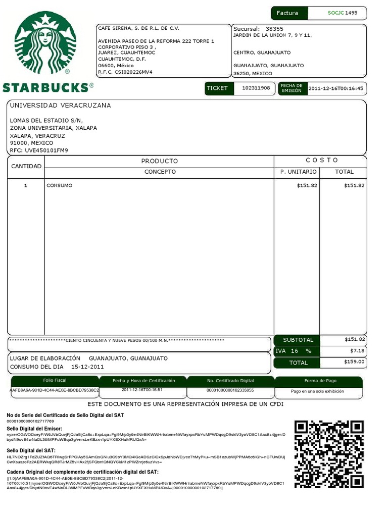 Factura Electrónica de Starbucks | PDF