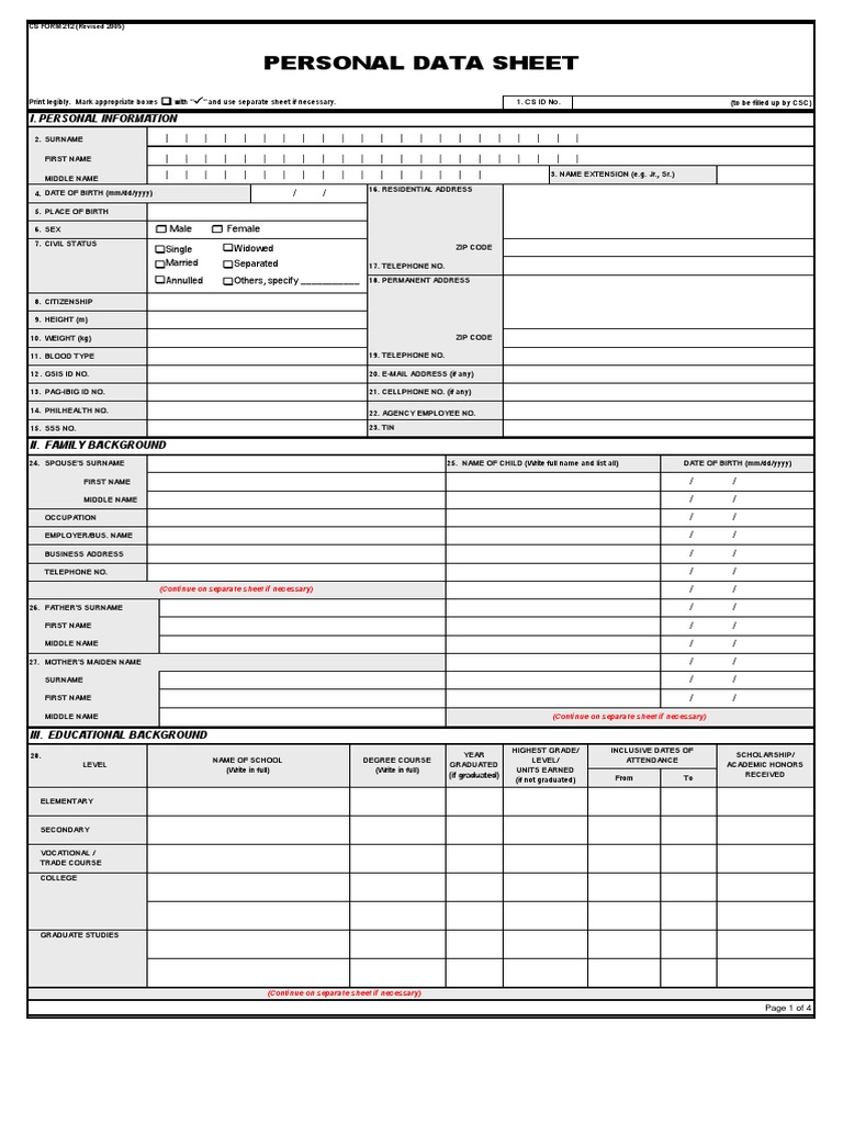 Personal Data Sheet Template PDF | PDF
