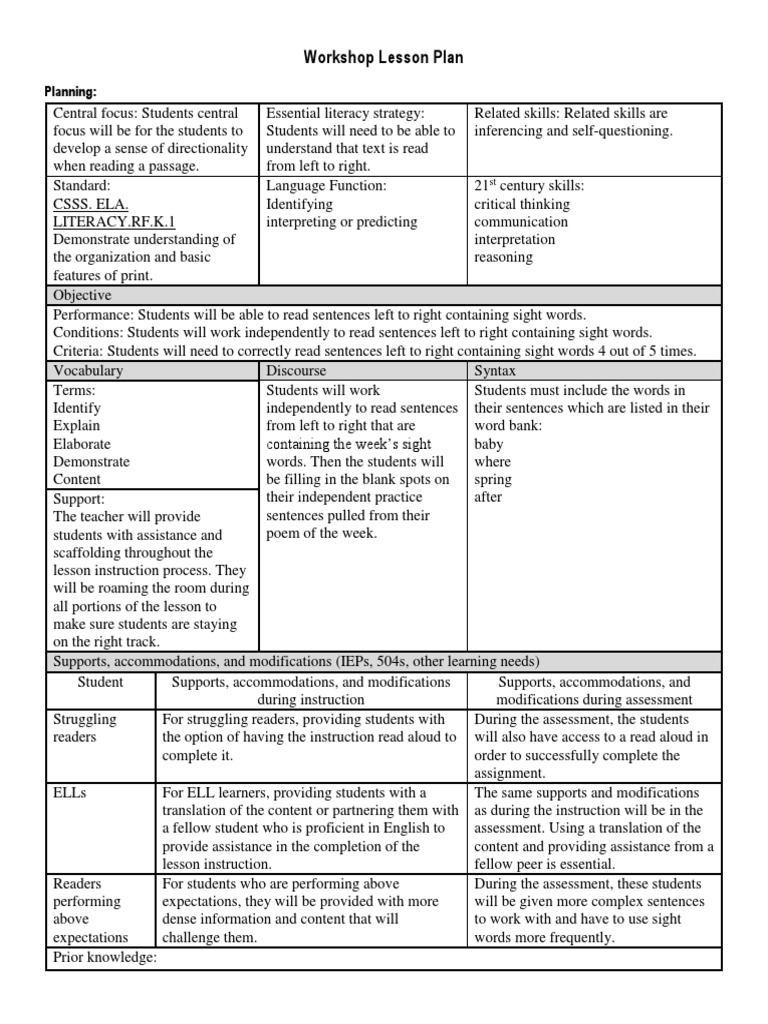 Reading Directionality Lesson Plan | PDF | Educational Assessment ...