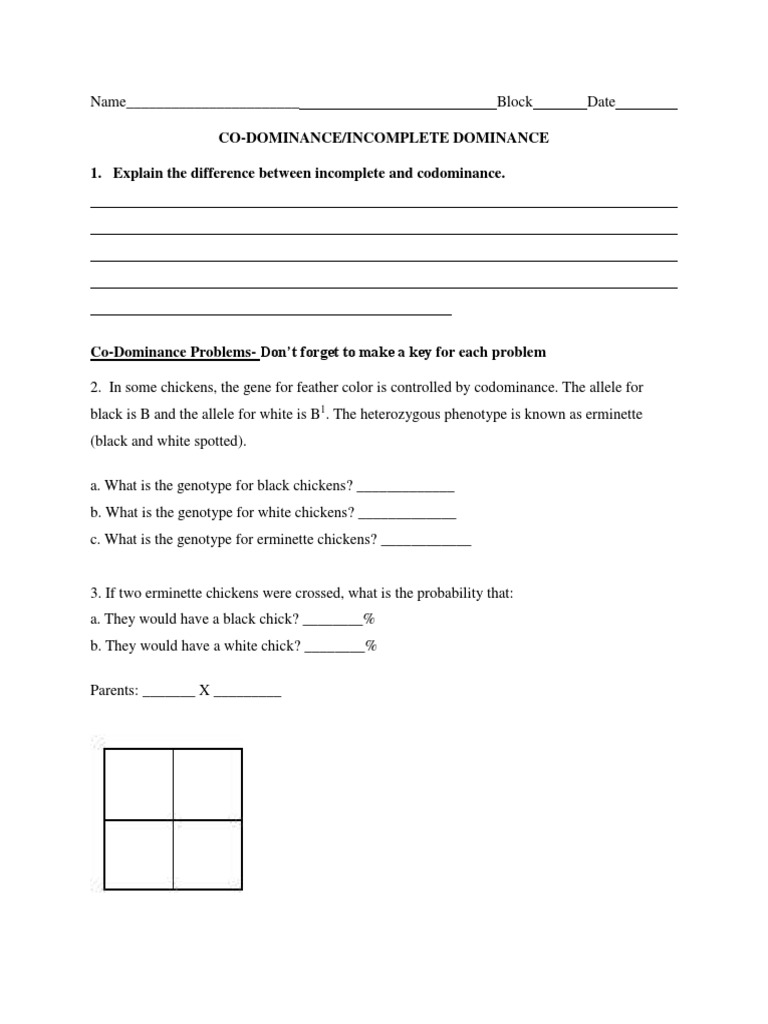 Incomplete and Codominance Worksheet | PDF | Dominance (Genetics ...