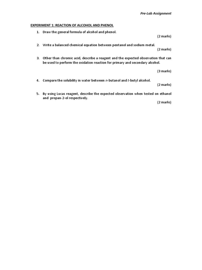 Experiment 1 Reaction of Alcohol and Phenol PreLab Assignment PDF